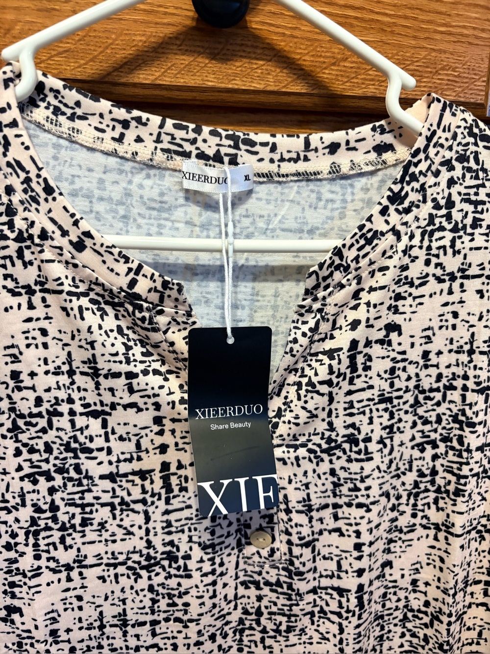 Black & Cream Printed Short-Sleeve Henley Tee